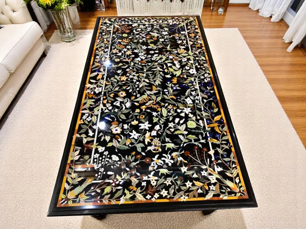 Semi Precious Marble Top Rectangular Dining Table